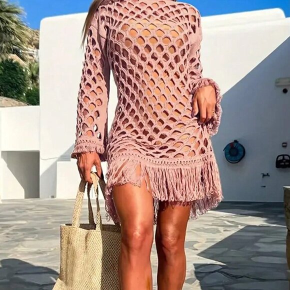Pink Women's Sexy Elegant Knit Hollow Fringe Beach Style Dress - Picture 2 of 5